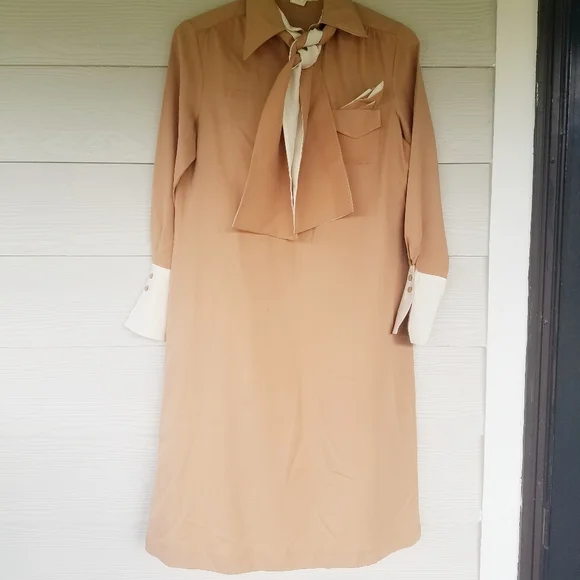 Vintage Dress Collared With Matching Kerchief And Belt/Bow Pink Mauve - Picture 3 of 16